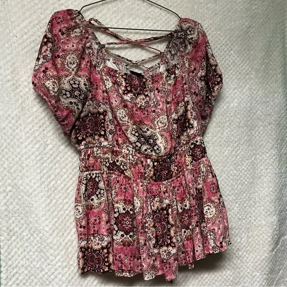TORRID Crinkle Gauze Cris Cross Back Top Pink & Brown Peplum Cinched Waist Shirt - Picture 4 of 13